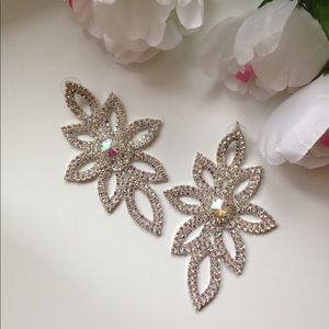 New Large Silver Tone Crystal Rhinestone Petal Statement Drop Earrings